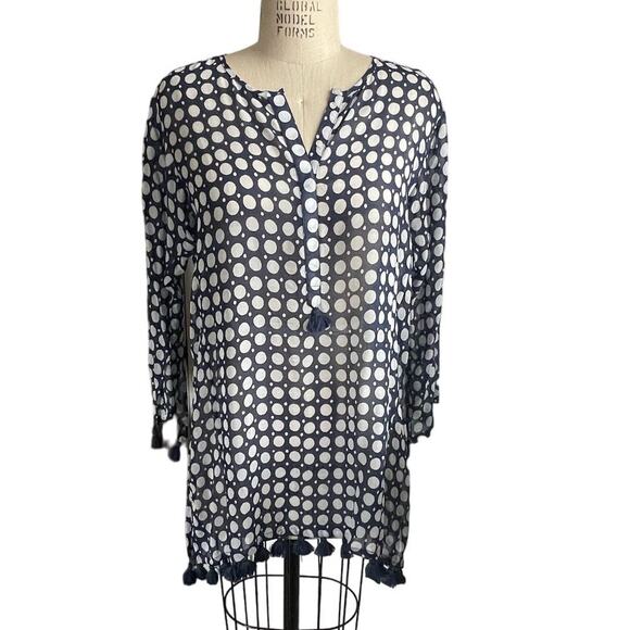 Figue Polka Dot Silk Georgette Tunic in Navy & White Size Large - Picture 1 of 7